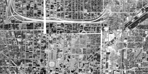 By 1972 Interstate 65 was extended through much of Indianapolis' near-Northside, with the north split junction of Interstates 65 and 70 (upper right) still under construction. See the 1978 image of the same space below.