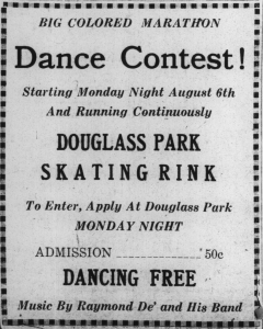 An August, 1928 advertisement for the Douglass Park skating rink.