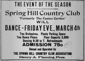 In February 1927 hopeful African-American entrepreneurs held an event at the former Casino Gardens, which they planned to purchase and re-name Spring Hill Country Club. The former Casino Gardens eventually was sold to the Parks Department that summer.
